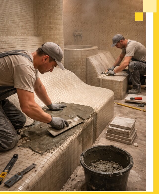 Лежаки для хамама под ключ в Каменске-Уральском, проект и монтаж